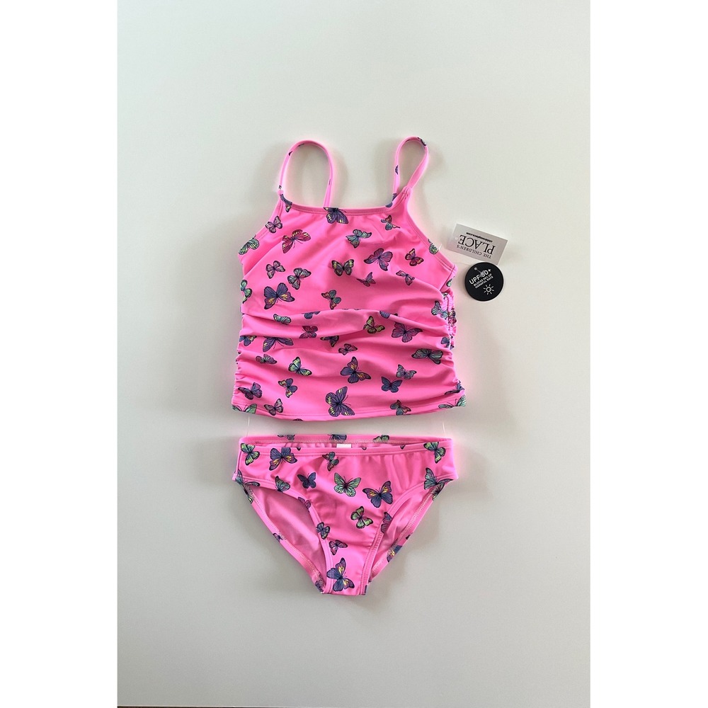 The Children's Place Girls Small 5/6 Pink Butterfly Ruched Tankini Swimsuit NWT